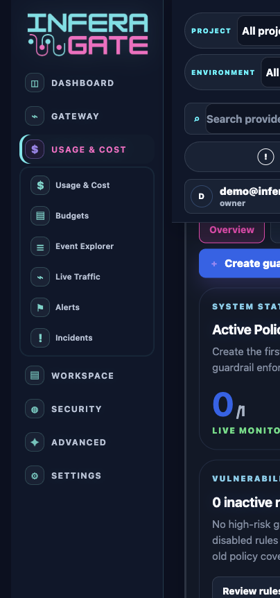 Inferagate usage and cost analytics screen