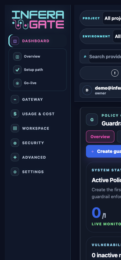 Observability and traffic review in Inferagate using demo@inferagate.com