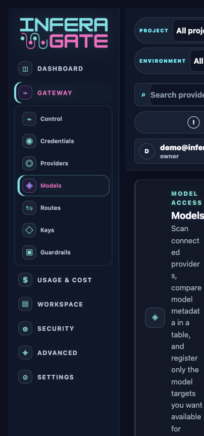 Model registration in Inferagate using demo@inferagate.com